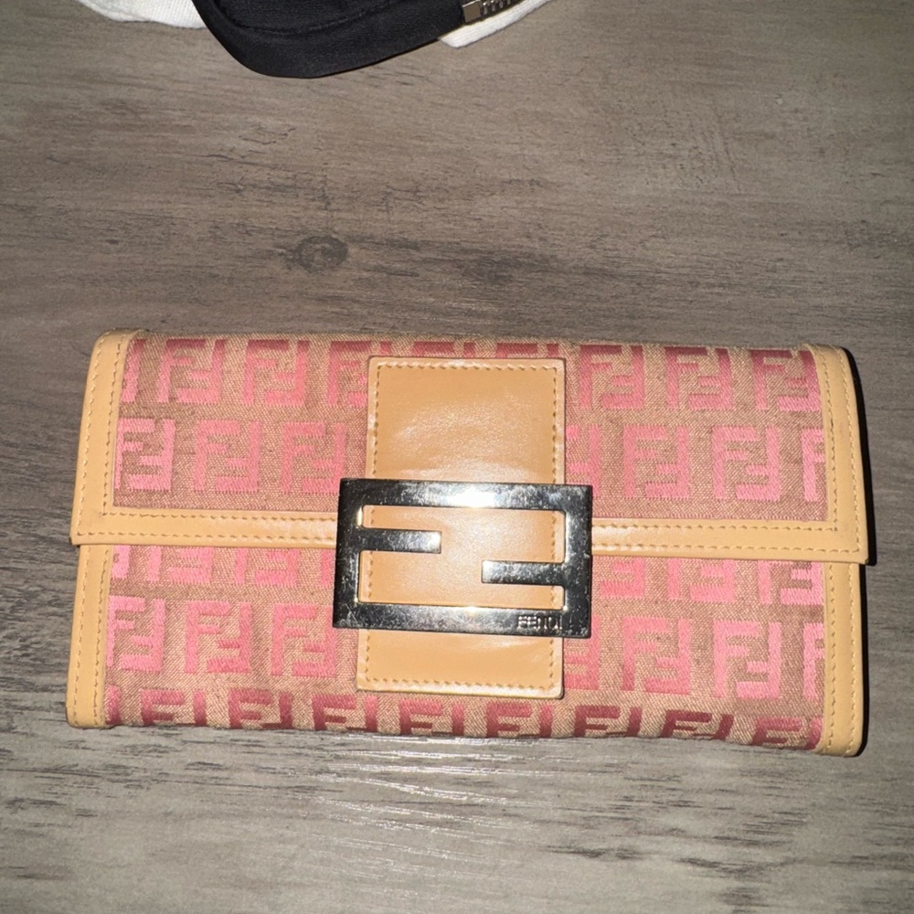 Fendi Zucchino Pink Beige Canvas Leather Wallet